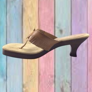 Chinese Laundry Tan Camel Brown Wood Heel Slip On Fringe Sandals New